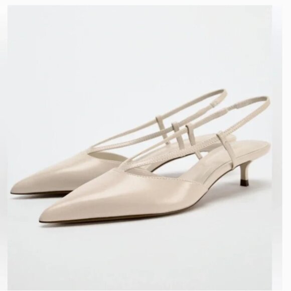 ZARA NWT LEATHER KITTEN HEEL SLINGBACKS WHITE CREAM 10 - Picture 2 of 6